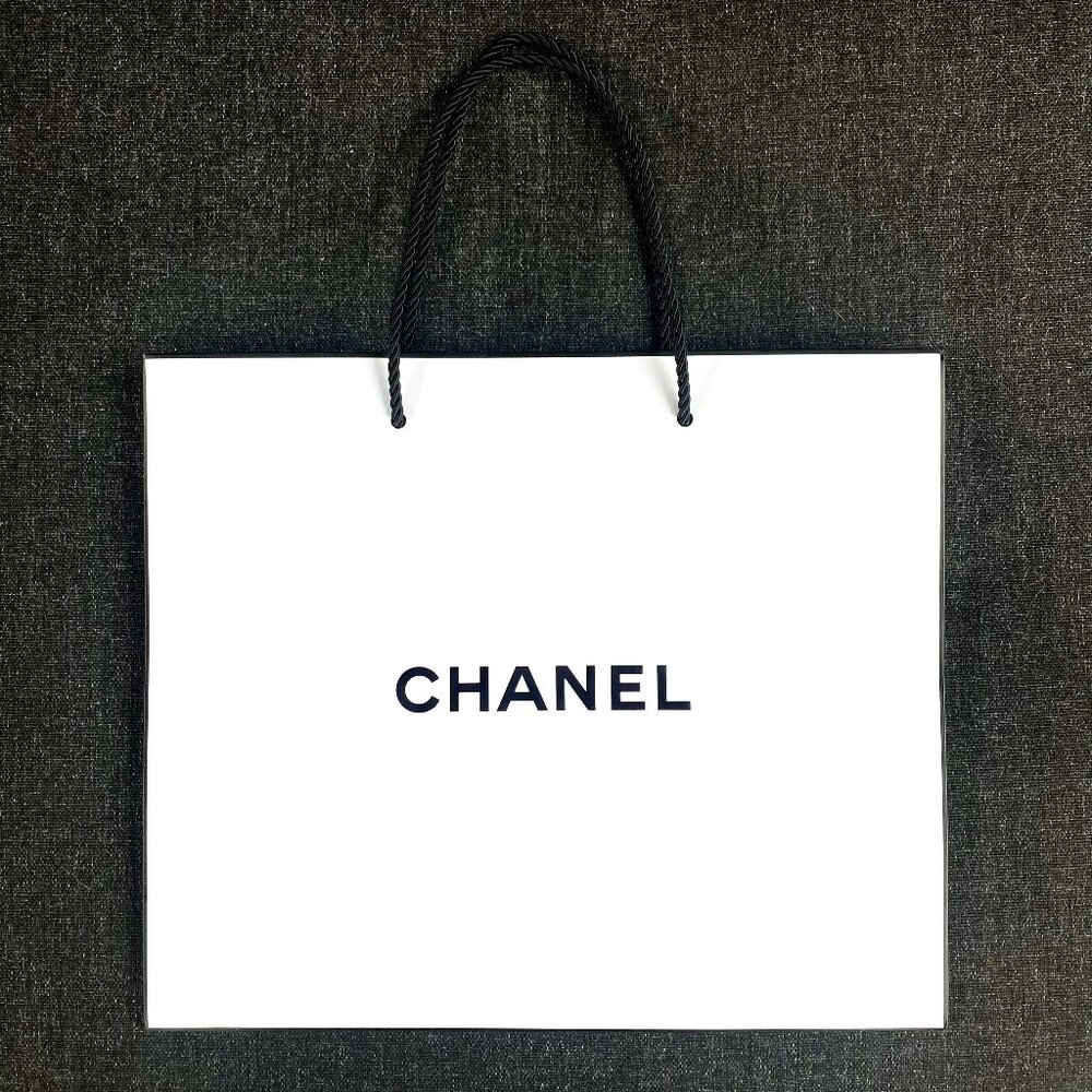 CHANEL Classic Black + White Paper Shopping Bag w/ Ribbon Rope Handles